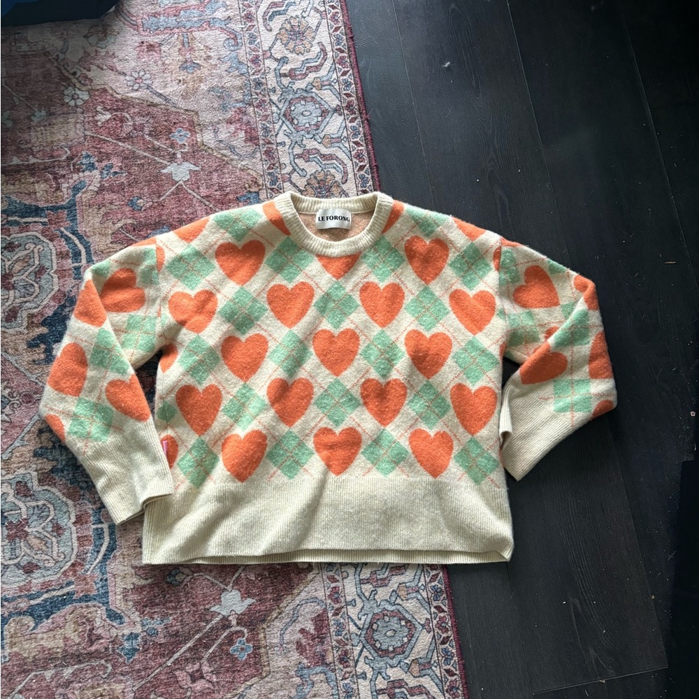 Le Forong Heart and argyle Pattern Sweater - Orange and green